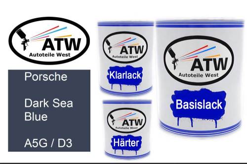 Porsche, Dark Sea Blue, A5G / D3: 1L Lackdose + 1L Klarlack + 500ml Härter - Set, von ATW Autoteile West.